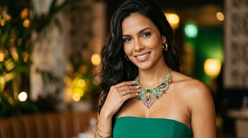Close de uma modelo brasileira com vestido tomara que caia verde, exibindo um colar elegante que valoriza o colo nu.