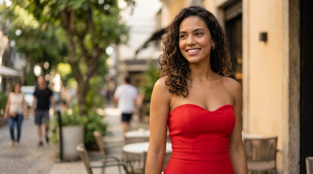 Mulher brasileira sorrindo usando um vestido tomara que caia vermelho com caimento perfeito, destacando o ajuste ideal na região do busto.