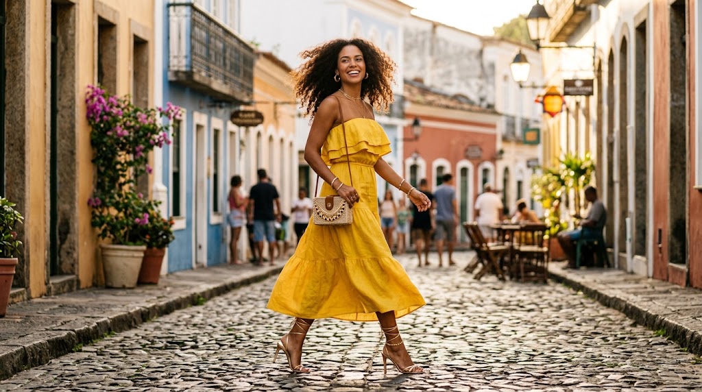 Mulher elegante usando um vestido tomara que caia amarelo fluido combinado com sandálias de salto alto de tiras, posando em uma rua de paralelepípedos.