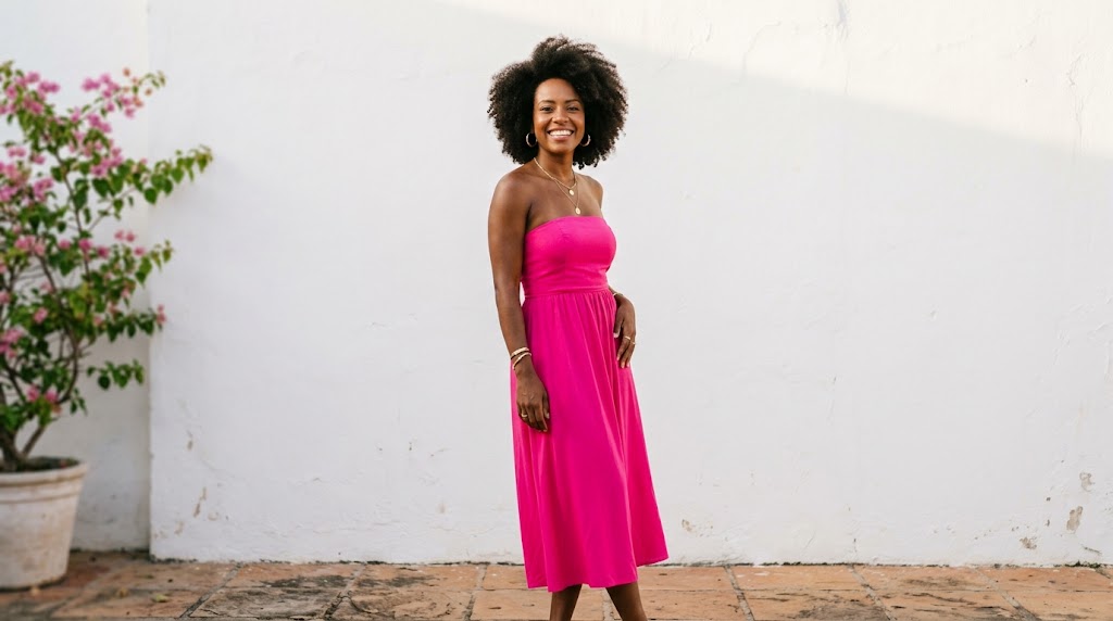 Mulher afro-brasileira radiante usando um vestido tomara que caia na cor rosa fúcsia vibrante, que contrasta e destaca a beleza da sua pele.