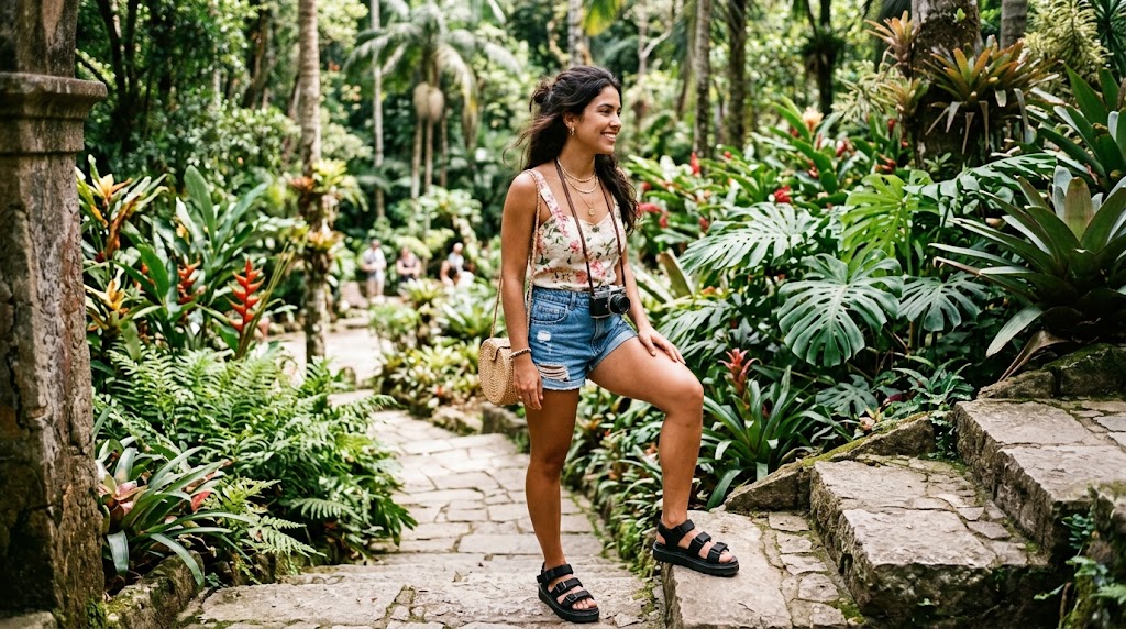 Jovem brasileira usando shorts jeans e uma papete moderna e robusta, com o pé apoiado em um degrau de pedra em um jardim botânico.