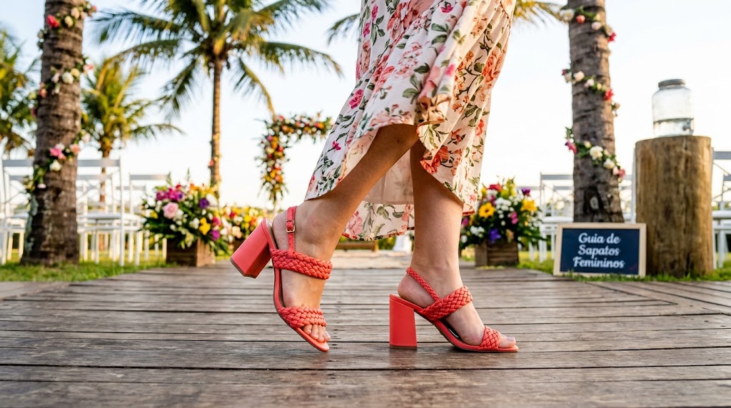 Sandália de salto bloco coral vibrante com tiras trançadas usada por uma mulher branca caminhando em um casamento no jardim.