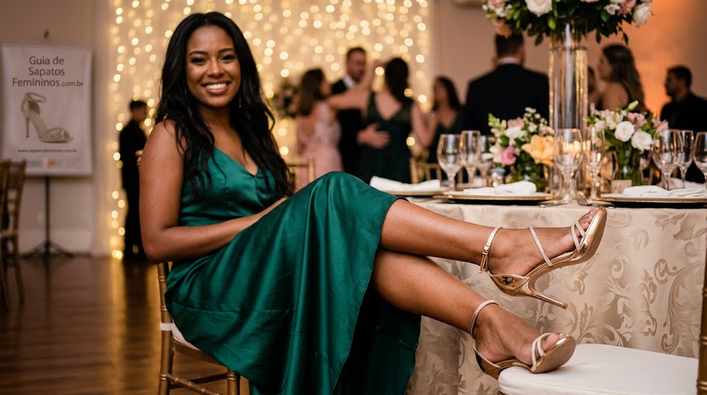 Sandália metalizada dourada com tiras finas e strass usada por uma mulher negra em um casamento glamouroso.