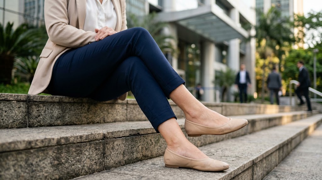 Jovem mulher brasileira sentada em escadas ao ar livre perto de um prédio corporativo, usando sapatilhas elegantes e confortáveis em um traje business casual.