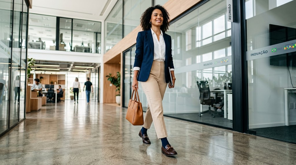 Visão detalhada dos pés de uma mulher brasileira caminhando em um corredor iluminado de escritório, usando um estiloso sapato loafer de couro com roupas smart-casual.