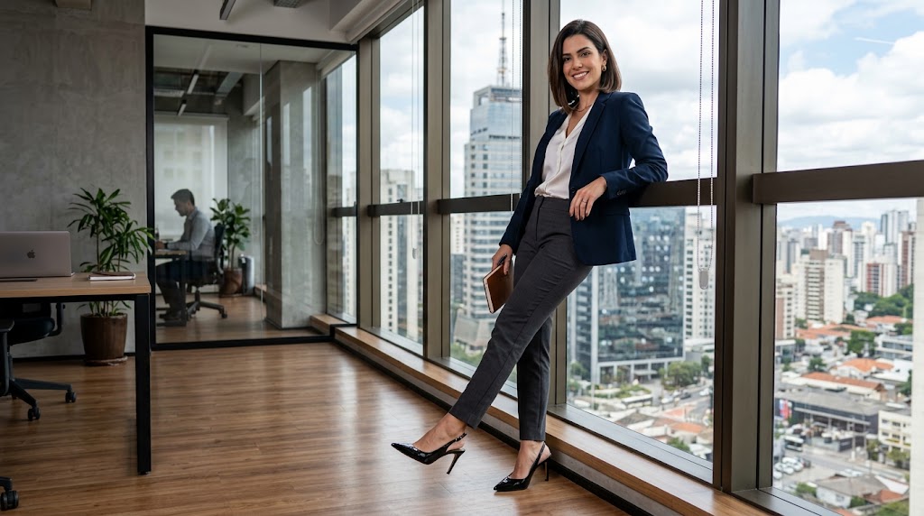 Mulher elegante encostada em uma grande janela de um prédio corporativo, projetando o pé à frente para destacar o design do seu sapato slingback de bico fino.