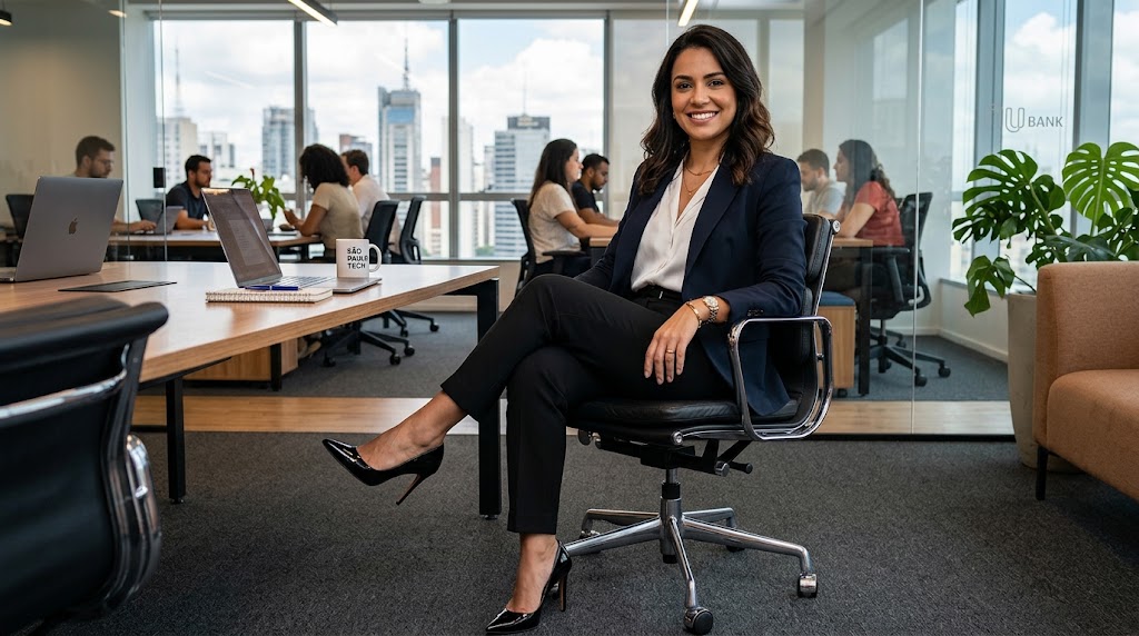 Mulher brasileira de negócios sentada em uma cadeira de escritório moderna com as pernas cruzadas, usando um clássico sapato scarpin preto de salto alto.