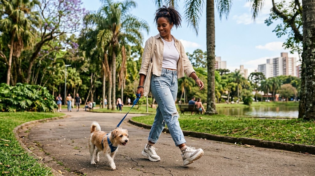 Mulher brasileira estilosa caminhando com um cachorro em um parque urbano ensolarado, usando um look casual e tênis feminino moderno e confortável.