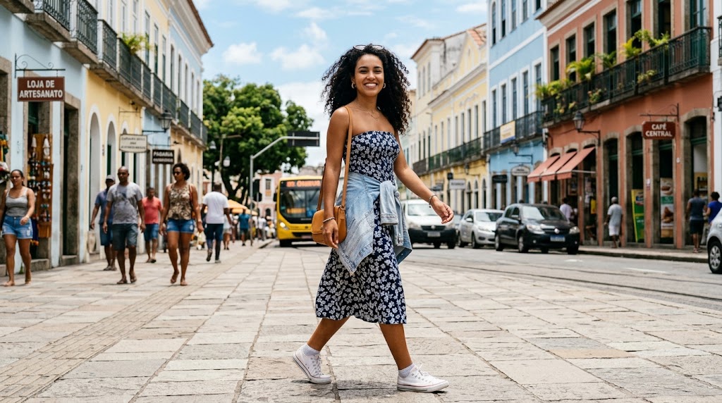 Mulher brasileira jovem caminhando na rua em um dia ensolarado, vestindo um vestido tomara que caia casual com uma jaqueta jeans amarrada na cintura.