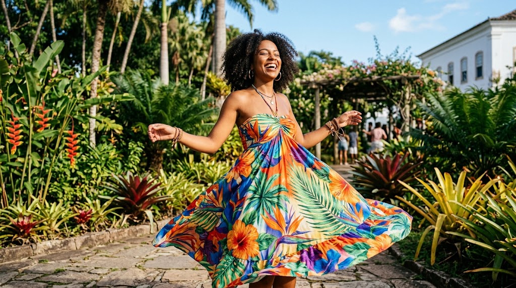 Mulher brasileira alegre girando em um jardim ensolarado usando um vestido tomara que caia com estampa floral tropical e colorida.