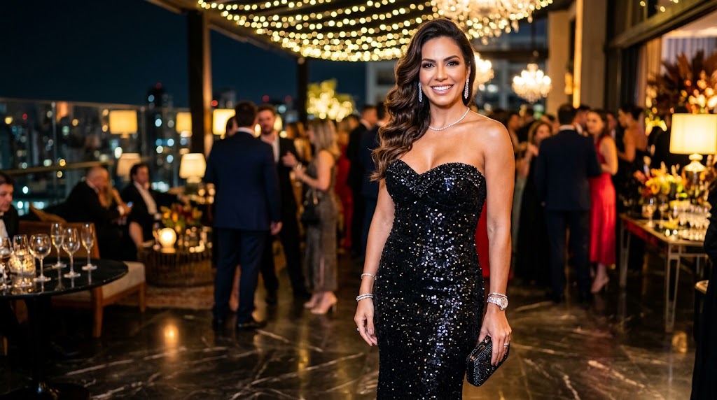 Mulher brasileira glamorosa em uma festa sofisticada, vestindo um elegante vestido tomara que caia preto com paetês brilhantes.
