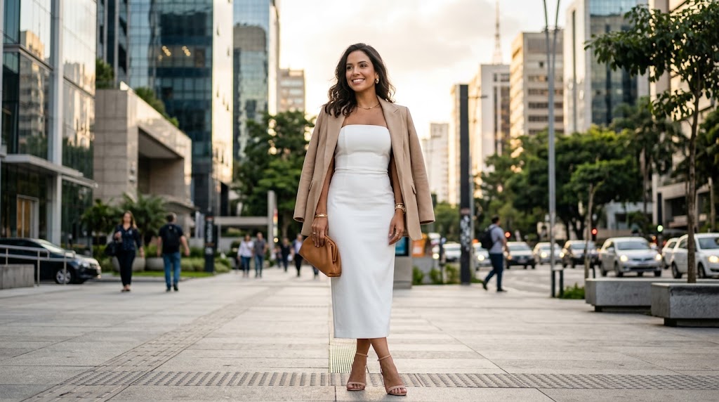 Mulher brasileira em um cenário urbano moderno vestindo um vestido tomara que caia branco com um elegante blazer bege jogado sobre os ombros.