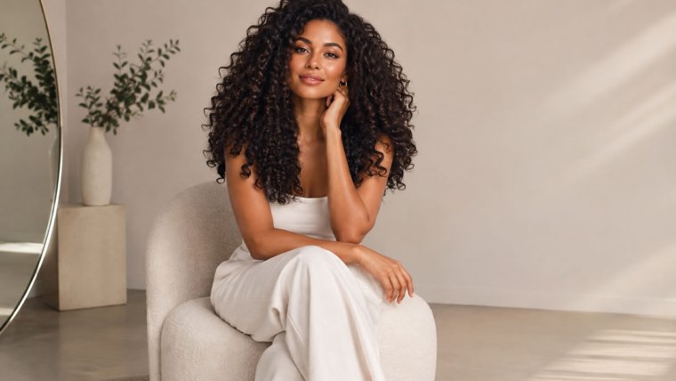 Mulher com cabelo cacheado natural e definido