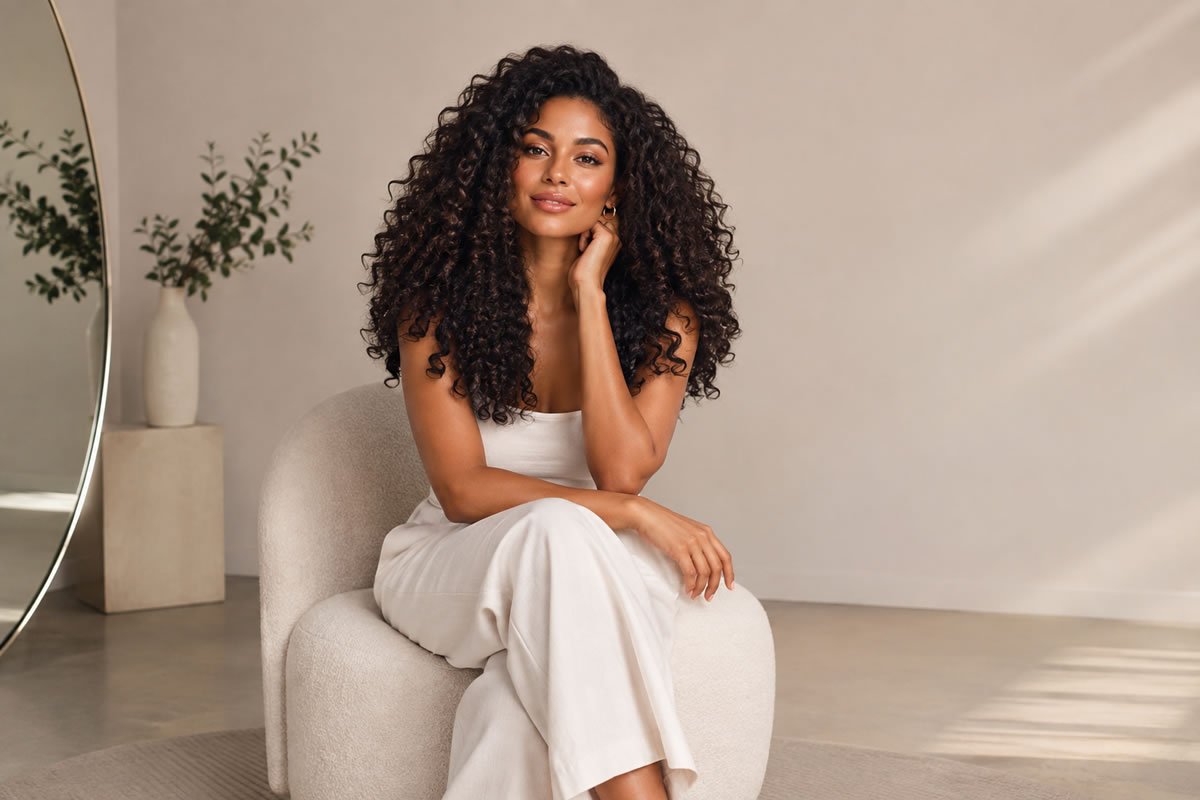Mulher com cabelo cacheado natural e definido