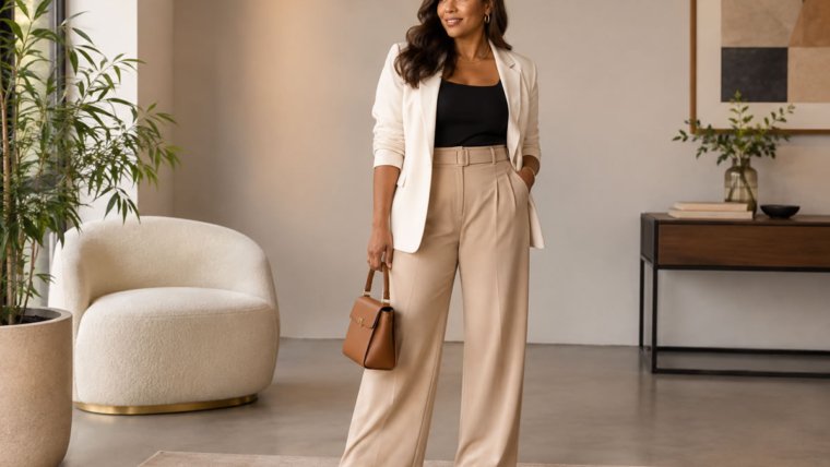 Mulher usando look elegante com calça de cintura alta e blazer