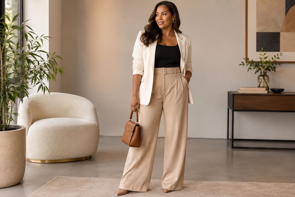 Mulher usando look elegante com calça de cintura alta e blazer