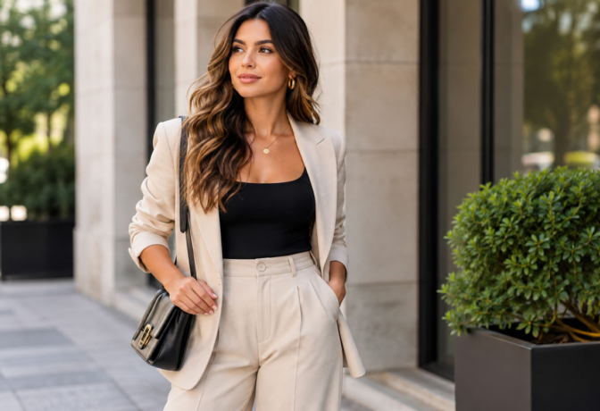 Mulher brasileira usando look feminino elegante e moderno para 2027