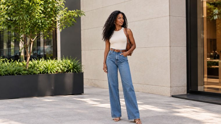 Mulher usando calça jeans em look feminino estiloso