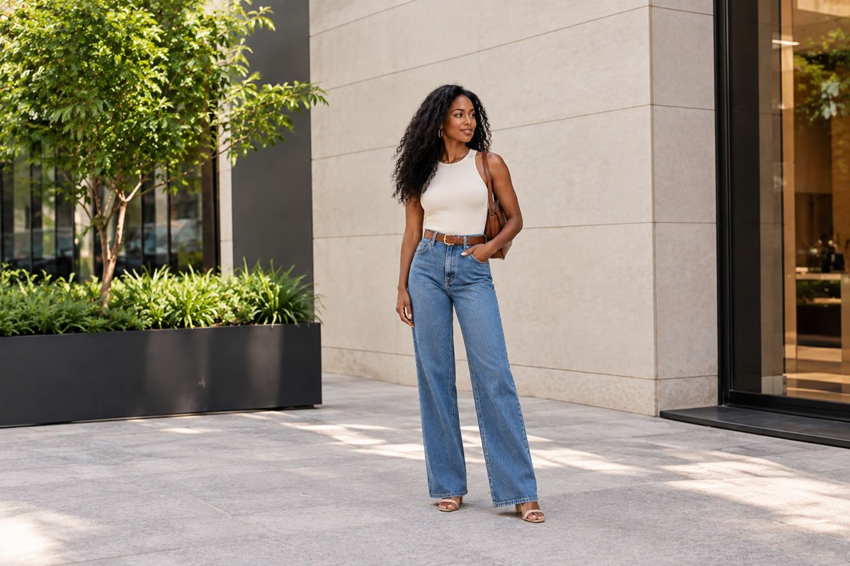 Mulher usando calça jeans em look feminino estiloso