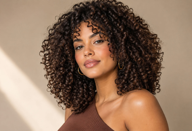 Mulher brasileira com cabelo cacheado em corte moderno tendência 2027