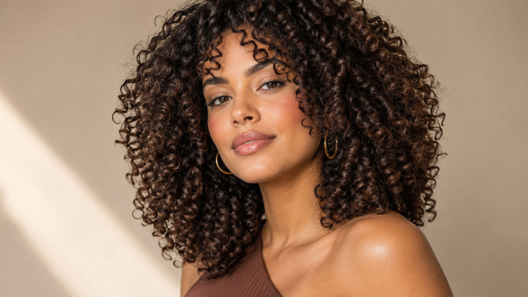 Mulher brasileira com cabelo cacheado em corte moderno tendência 2027