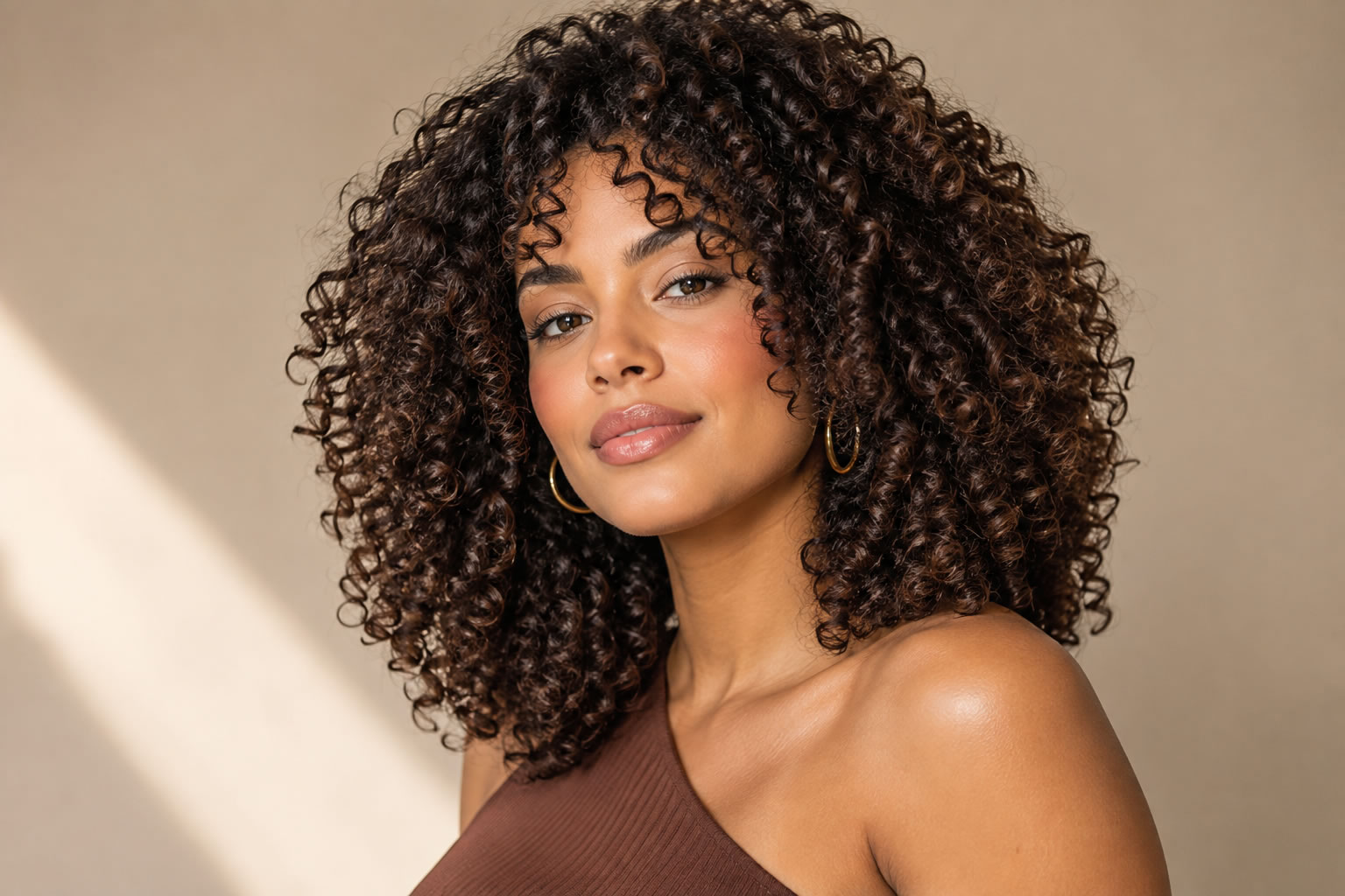 Mulher brasileira com cabelo cacheado em corte moderno tendência 2027