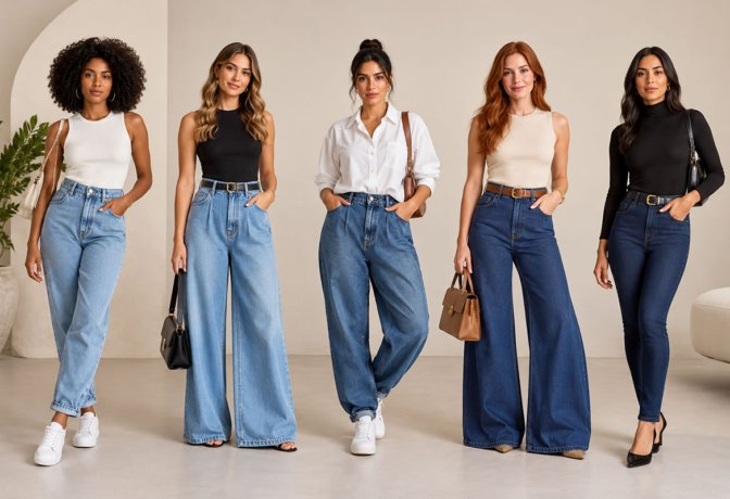 Guia do jeans com mulher usando calça jeans de modelagem moderna