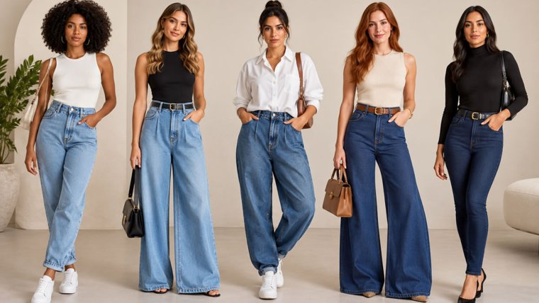 Guia do jeans com mulher usando calça jeans de modelagem moderna
