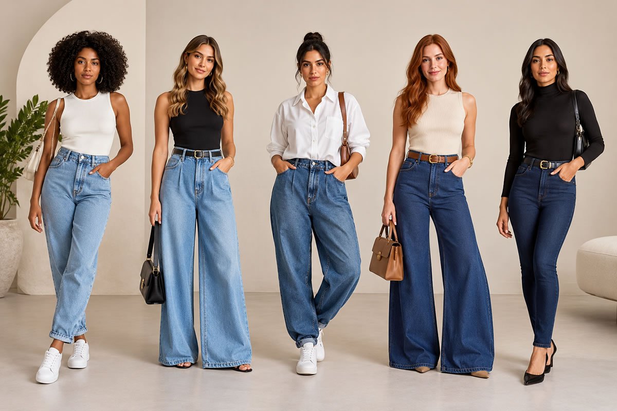 Guia do jeans com mulher usando calça jeans de modelagem moderna