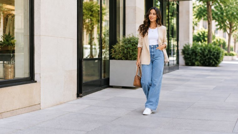Mulher brasileira usando look elegante e confortável com tênis branco