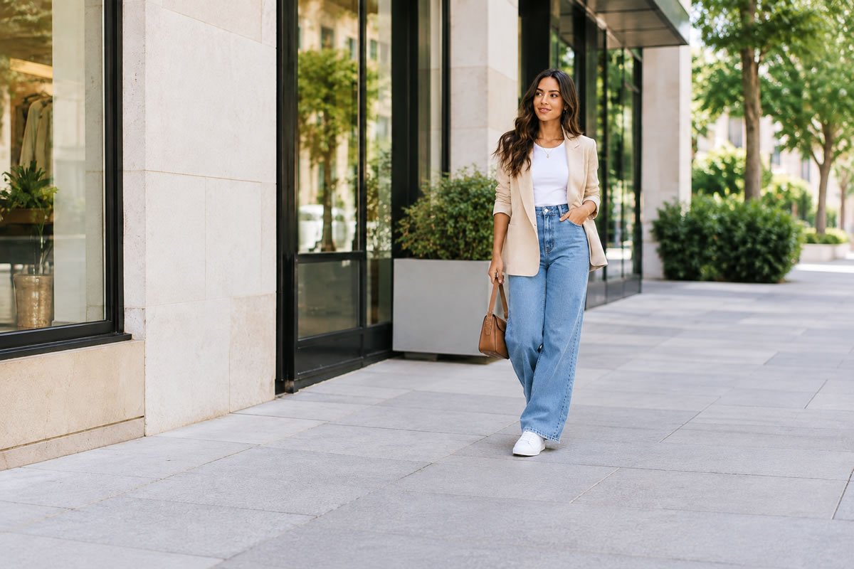 Mulher brasileira usando look elegante e confortável com tênis branco