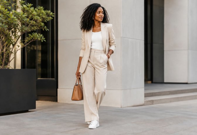 Mulher usando look elegante com tênis branco e peças de alfaiataria