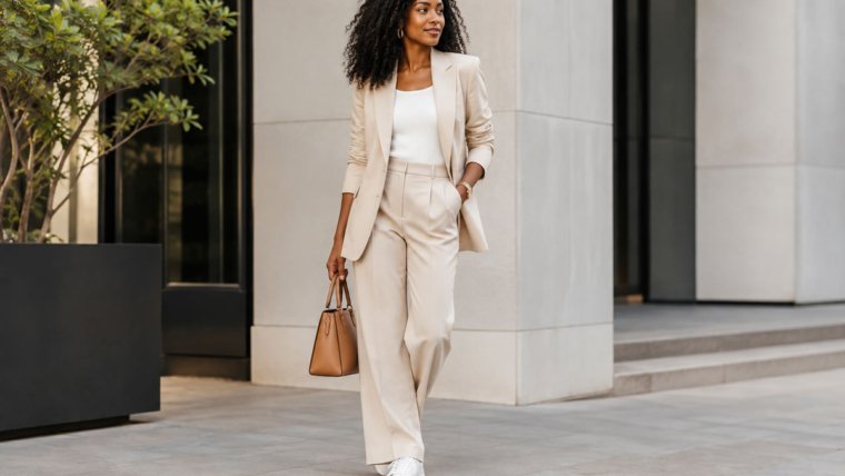 Mulher usando look elegante com tênis branco e peças de alfaiataria
