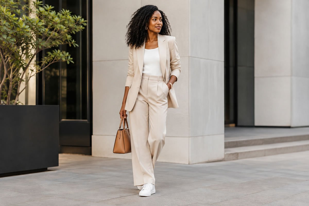 Mulher usando look elegante com tênis branco e peças de alfaiataria