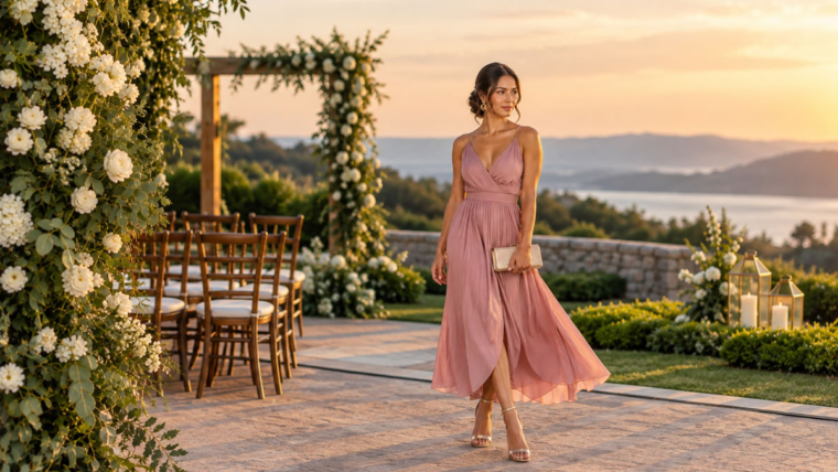 Modelo brasileira usando look elegante para casamento
