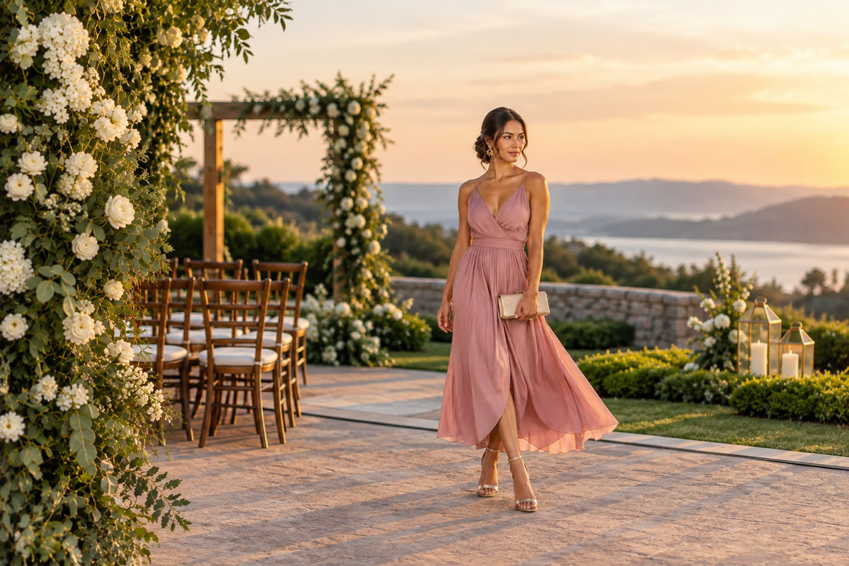 Modelo brasileira usando look elegante para casamento