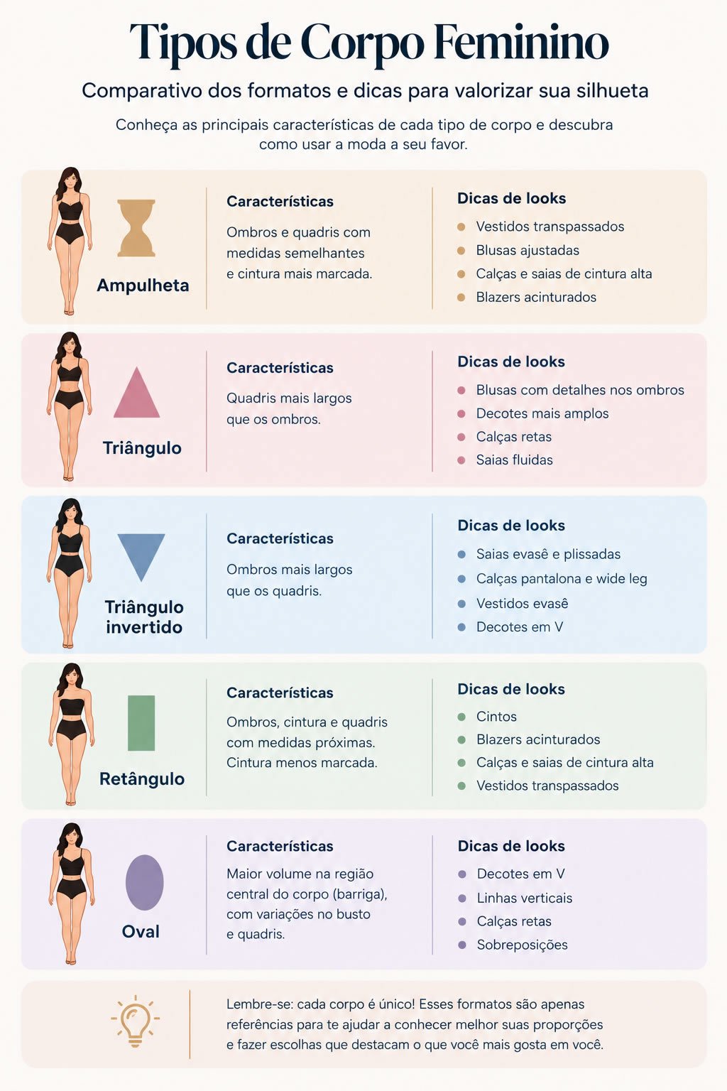 Tabela comparativa dos tipos de corpo feminino: ampulheta, triângulo, triângulo invertido, retângulo e oval.