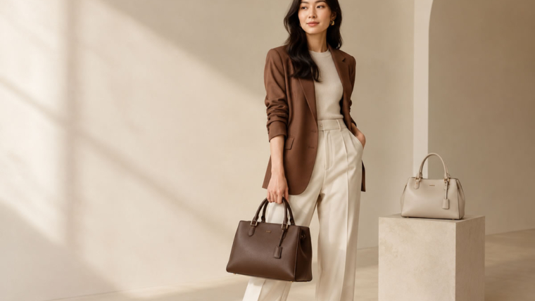 Bolsas tendência 2027 em tons neutros combinadas com look feminino elegante