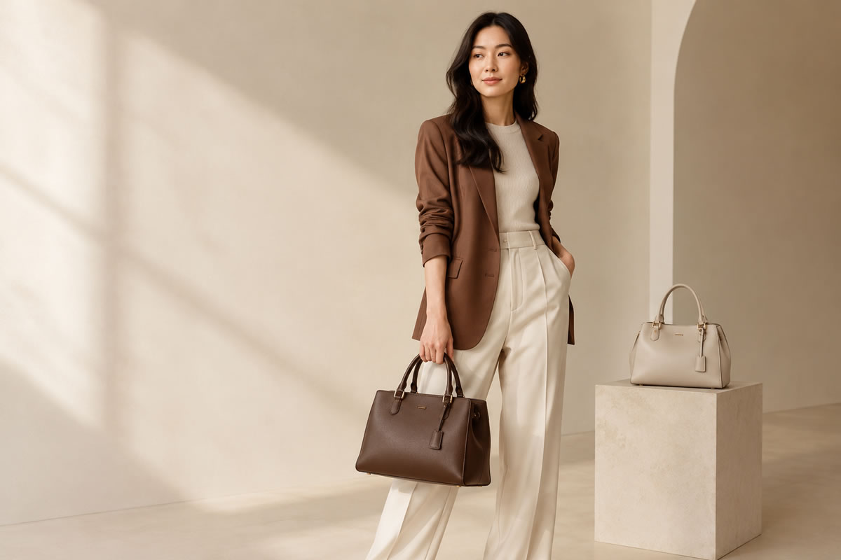 Bolsas tendência 2027 em tons neutros combinadas com look feminino elegante