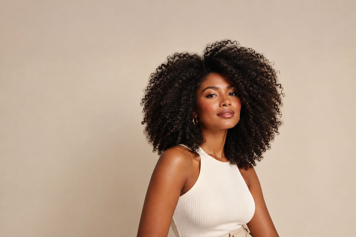 Mulher com cabelo crespo natural bem cuidado