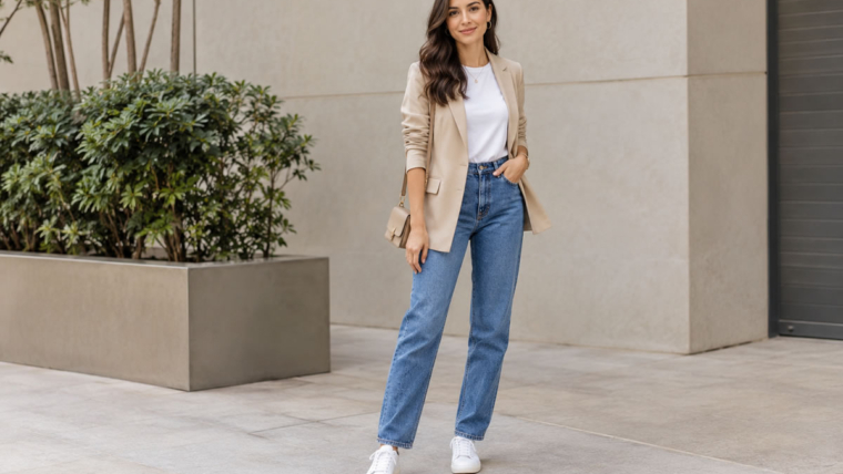 Mulher usando look casual com camiseta branca, jeans, blazer bege e tênis