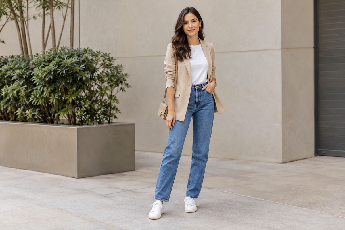 Mulher usando look casual com camiseta branca, jeans, blazer bege e tênis