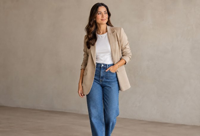 Mulher usando blazer com jeans em look elegante e moderno