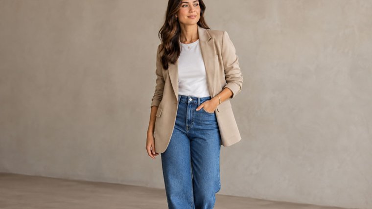 Mulher usando blazer com jeans em look elegante e moderno