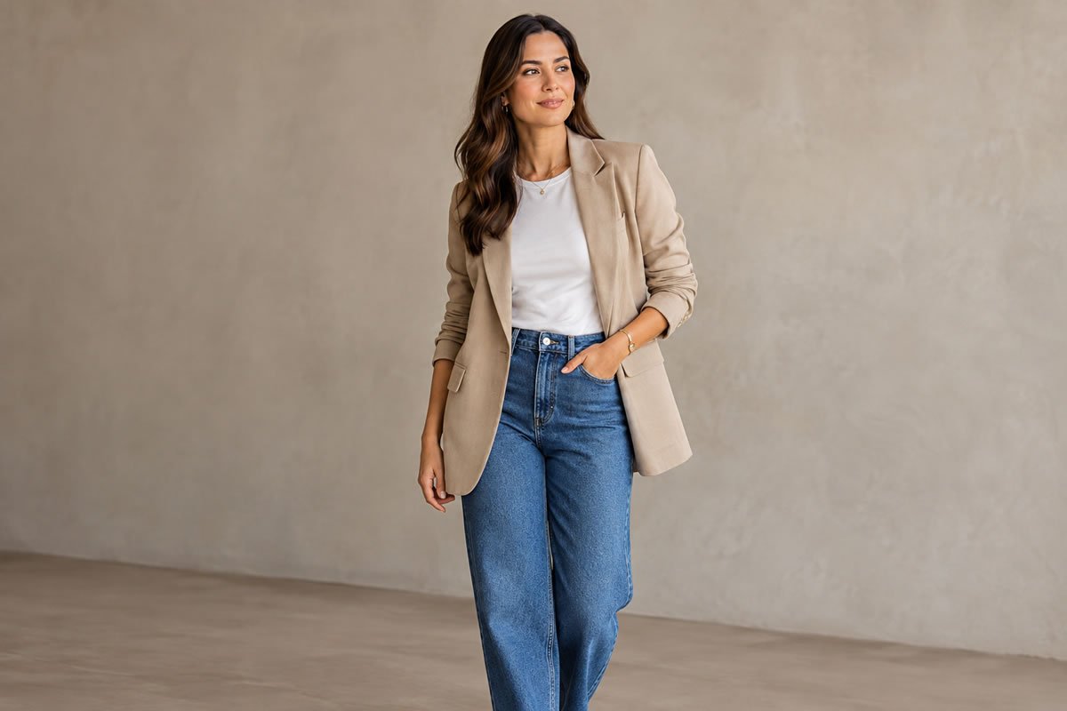 Mulher usando blazer com jeans em look elegante e moderno