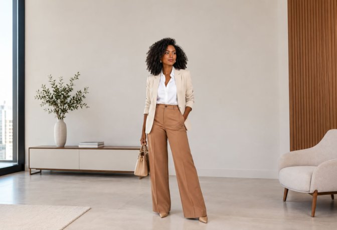 Mulher usando calça de alfaiataria bege com camisa branca e blazer