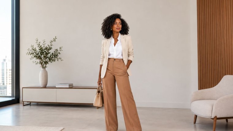 Mulher usando calça de alfaiataria bege com camisa branca e blazer