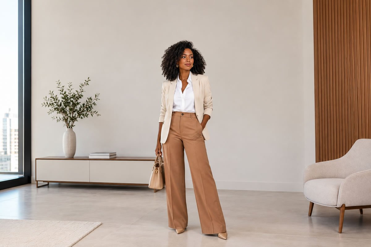 Mulher usando calça de alfaiataria bege com camisa branca e blazer