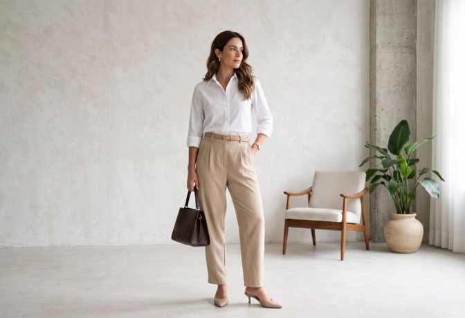 Mulher usando camisa branca com calça de alfaiataria em look elegante