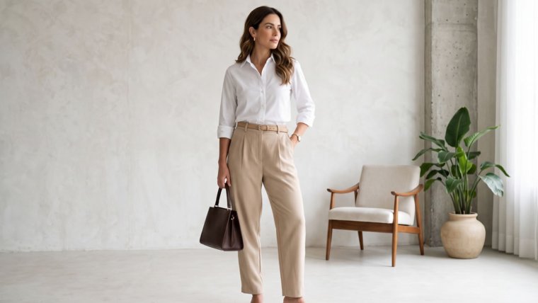 Mulher usando camisa branca com calça de alfaiataria em look elegante